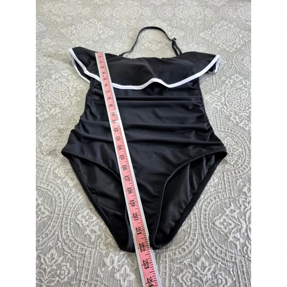 Holipick‎ Black Ruched Ruffle Off-the-Shoulder Halter One-Piece Swimsuit Womens